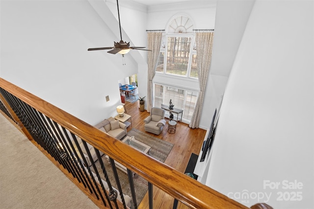 stairs featuring ceiling fan, hardwood / wood-style floors, and a high ceiling