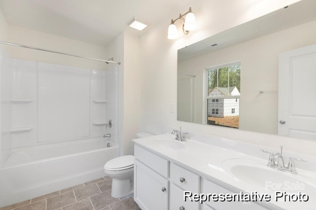 bathroom with a sink, toilet, double vanity, and visible vents