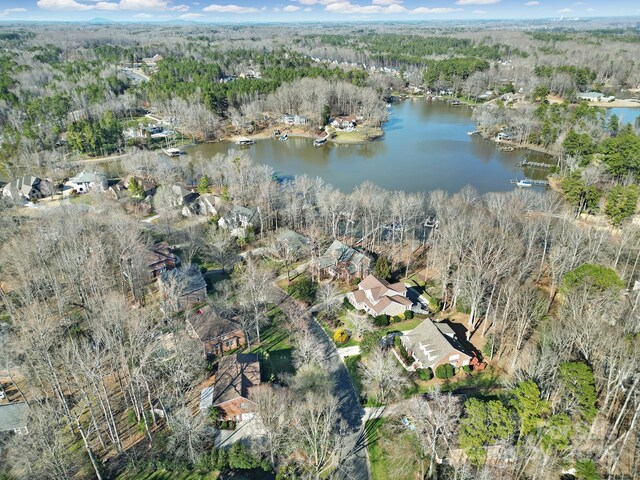 aerial view featuring a water view and a view of trees