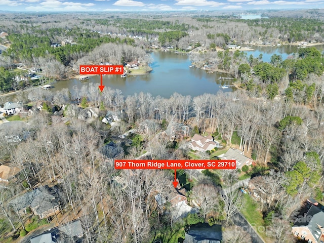 birds eye view of property with a water view and a view of trees