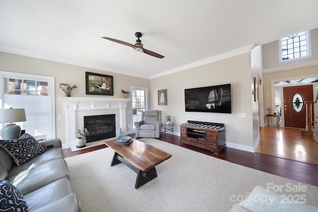 living area with crown molding, a fireplace, baseboards, and wood finished floors