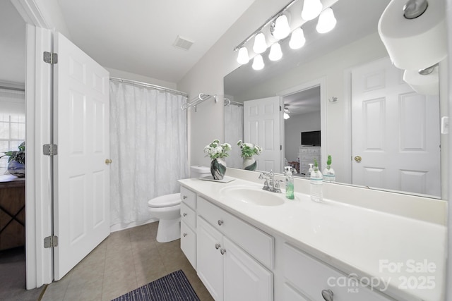 full bath featuring visible vents, toilet, vanity, ensuite bath, and tile patterned flooring