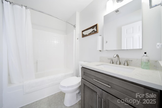 full bathroom featuring tile patterned flooring, toilet, shower / tub combo, visible vents, and vanity