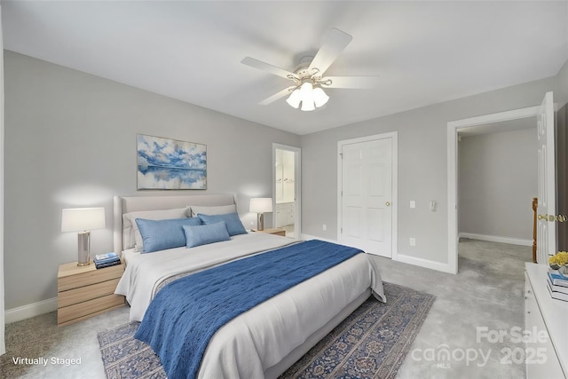 907 Thorn Ridge Ln, Lake Wylie, SC 29710 - bedroom featuring baseboards, light colored carpet, a ceiling fan, and ensuite bath