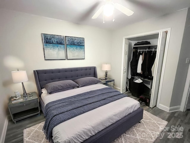 bedroom featuring ceiling fan, dark hardwood / wood-style floors, and a closet