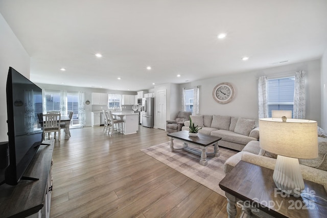 living room featuring a wealth of natural light and light hardwood / wood-style flooring