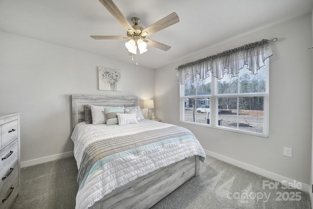 bedroom featuring dark carpet and ceiling fan