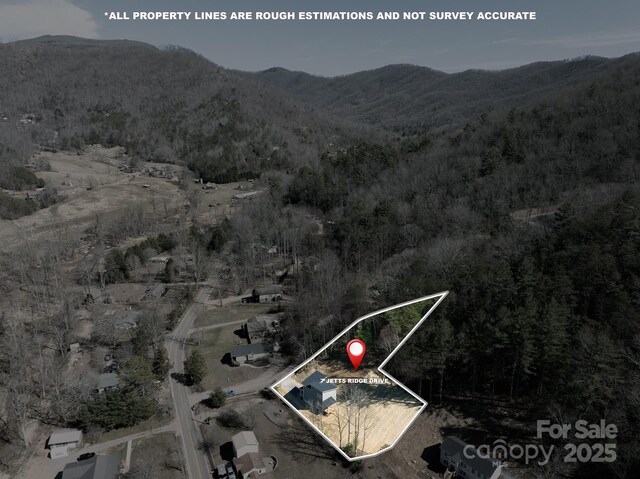 bird's eye view featuring a mountain view and a wooded view