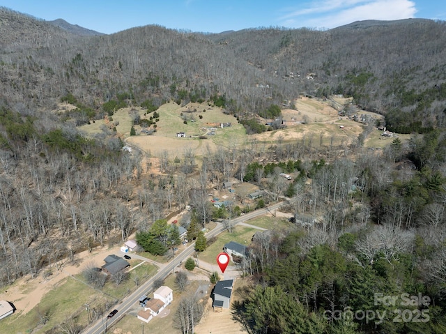 birds eye view of property featuring a wooded view and a mountain view