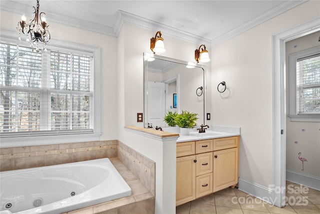 bathroom featuring tile patterned flooring, ornamental molding, vanity, tiled tub, and an inviting chandelier