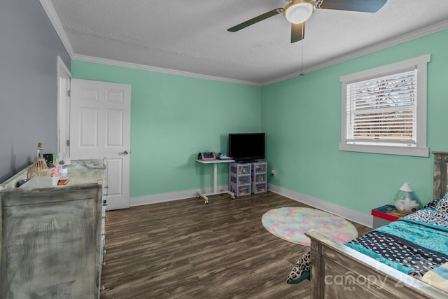 bedroom with dark hardwood / wood-style flooring, ceiling fan, crown molding, and a textured ceiling