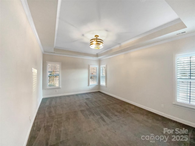 carpeted spare room featuring a tray ceiling and ornamental molding