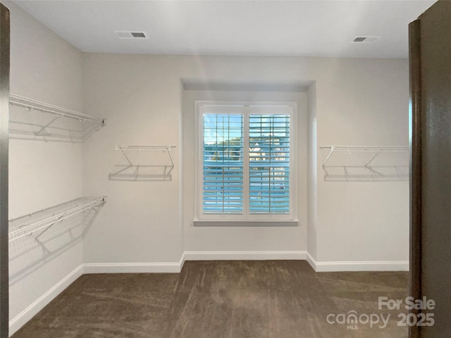 walk in closet featuring dark carpet