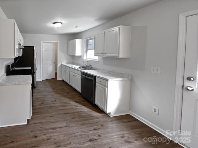 kitchen with white cabinetry, sink, dark hardwood / wood-style flooring, and black dishwasher