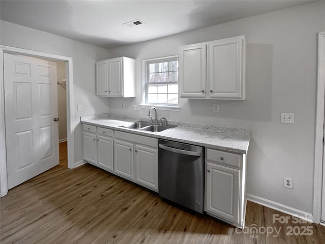 kitchen featuring sink, dark wood-type flooring, white cabinets, and dishwasher