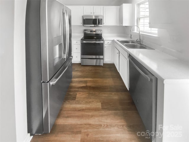 kitchen featuring white cabinetry, sink, dark hardwood / wood-style flooring, and appliances with stainless steel finishes