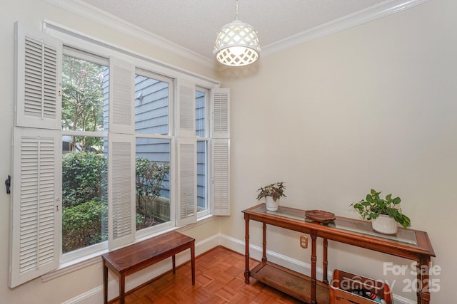 405 NW Dr, Davidson, NC 28036 - sitting room with parquet floors, a healthy amount of sunlight, ornamental molding, and a textured ceiling