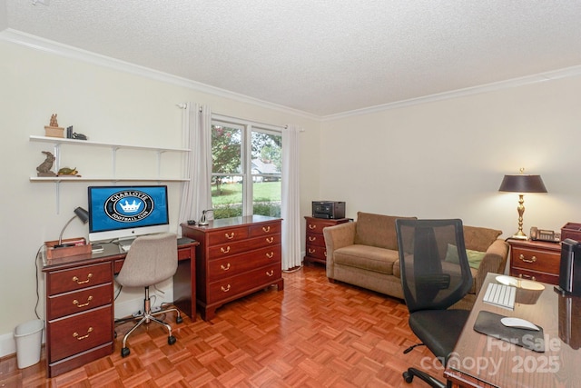 405 NW Dr, Davidson, NC 28036 - office area with light parquet floors, crown molding, and a textured ceiling