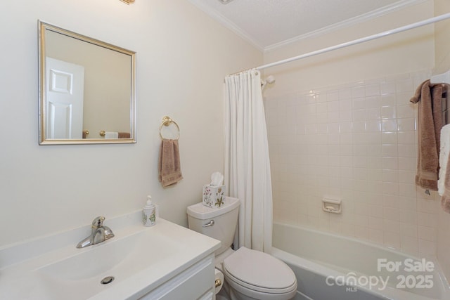 405 NW Dr, Davidson, NC 28036 - full bathroom featuring toilet, a textured ceiling, ornamental molding, vanity, and shower / bath combo with shower curtain
