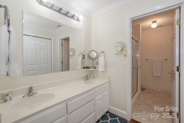 405 NW Dr, Davidson, NC 28036 - bathroom with tile patterned flooring, crown molding, an enclosed shower, and vanity