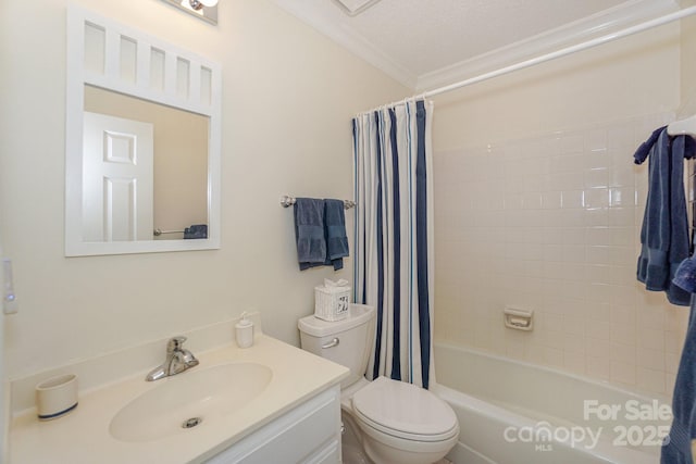 405 NW Dr, Davidson, NC 28036 - full bathroom with shower / tub combo with curtain, ornamental molding, toilet, and vanity