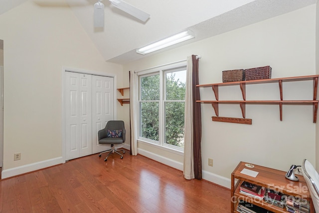 405 NW Dr, Davidson, NC 28036 - sitting room featuring vaulted ceiling, ceiling fan, a healthy amount of sunlight, and light hardwood / wood-style floors