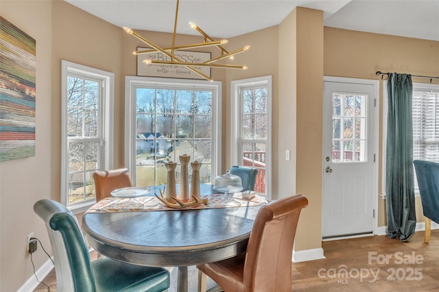 dining space with baseboards, wood finished floors, and a healthy amount of sunlight