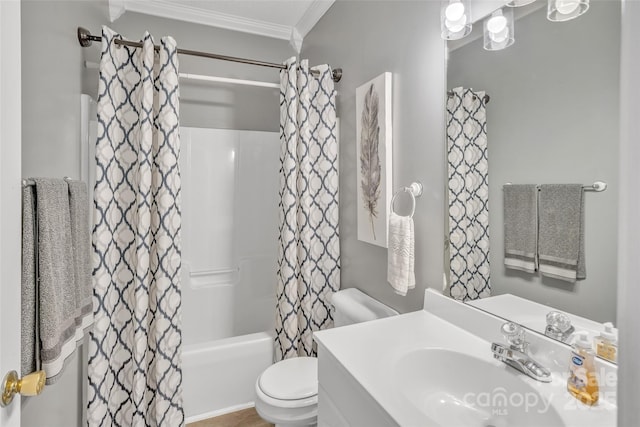 bathroom with toilet, ornamental molding, shower / bath combo with shower curtain, and vanity