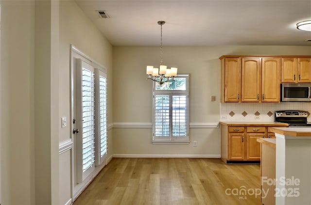 kitchen featuring stainless steel appliances, light countertops, visible vents, decorative backsplash, and light wood-type flooring