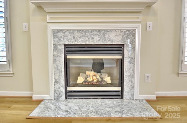 details featuring a high end fireplace, baseboards, and wood finished floors