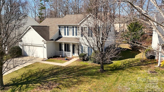 colonial house with driveway, a garage, a shingled roof, covered porch, and a front lawn