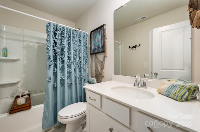 bathroom featuring toilet, visible vents, shower / bath combo with shower curtain, and vanity