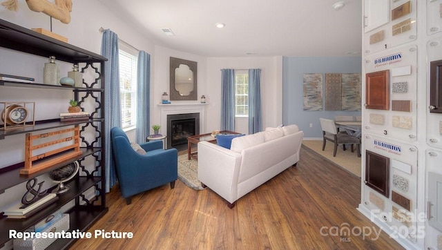 living room with a healthy amount of sunlight and dark hardwood / wood-style flooring