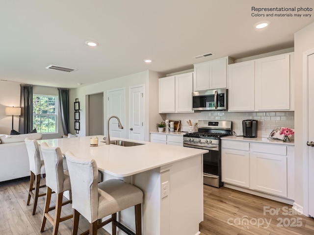 kitchen featuring white cabinetry, appliances with stainless steel finishes, sink, and a center island with sink