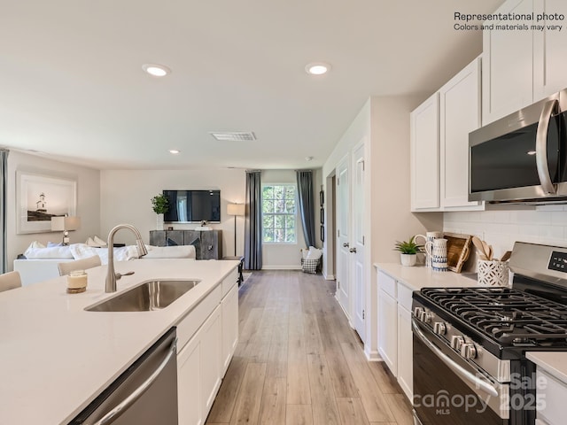 kitchen with sink, white cabinetry, stainless steel appliances, tasteful backsplash, and light wood-type flooring