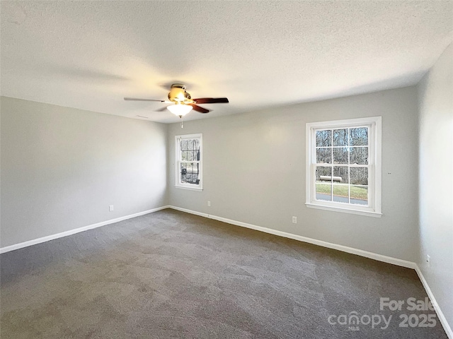 carpeted empty room featuring ceiling fan, a healthy amount of sunlight, and a textured ceiling