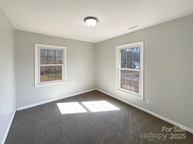 unfurnished room with a textured ceiling and carpet flooring