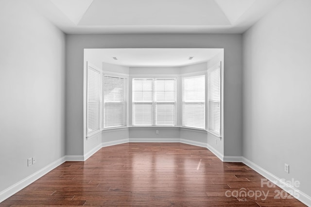 unfurnished room featuring wood finished floors, lofted ceiling, and baseboards