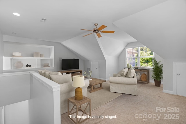 3009 Scottcrest Way, Waxhaw, NC 28173 - living room with ceiling fan, lofted ceiling, baseboards, carpet floors, and recessed lighting