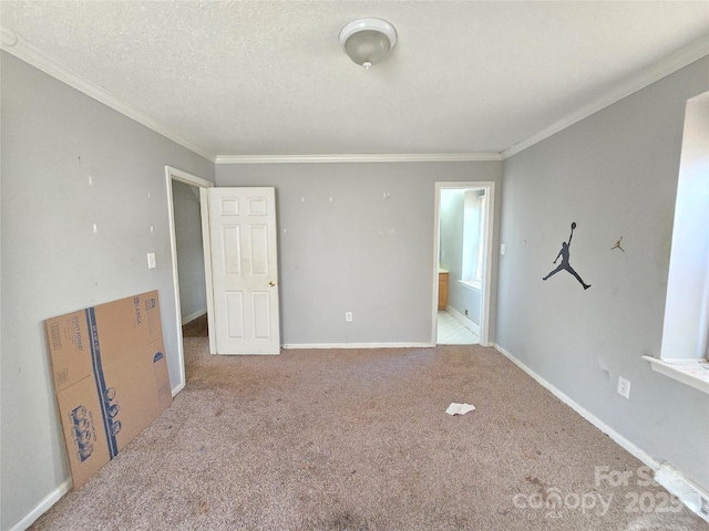 empty room featuring ornamental molding, light carpet, and a textured ceiling