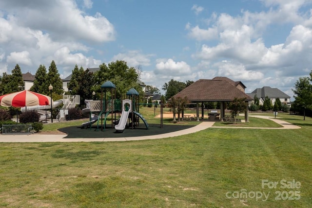 community jungle gym featuring a gazebo and a lawn