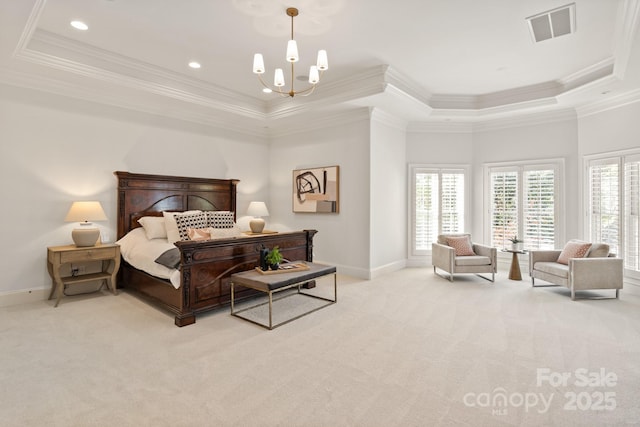 carpeted bedroom featuring a tray ceiling, crown molding, visible vents, an inviting chandelier, and baseboards