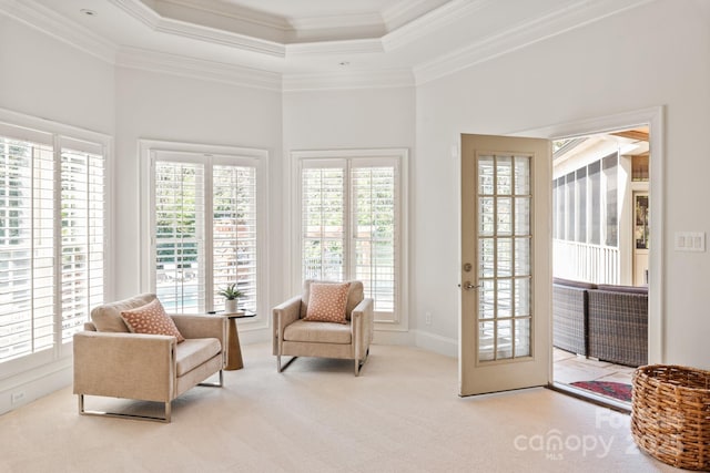 sitting room featuring a tray ceiling, ornamental molding, and carpet flooring