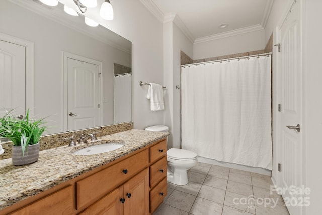 full bathroom with tile patterned flooring, toilet, vanity, a shower with curtain, and crown molding