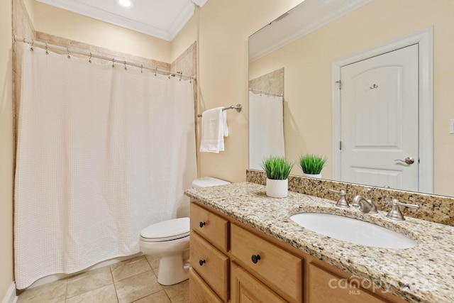 bathroom featuring toilet, ornamental molding, tile patterned floors, curtained shower, and vanity