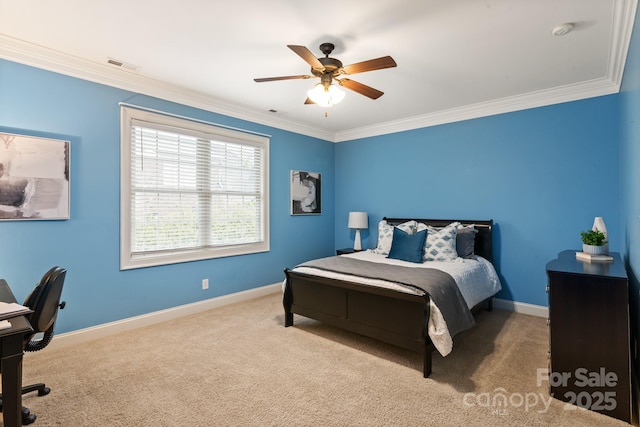 bedroom with ornamental molding, carpet, visible vents, and baseboards