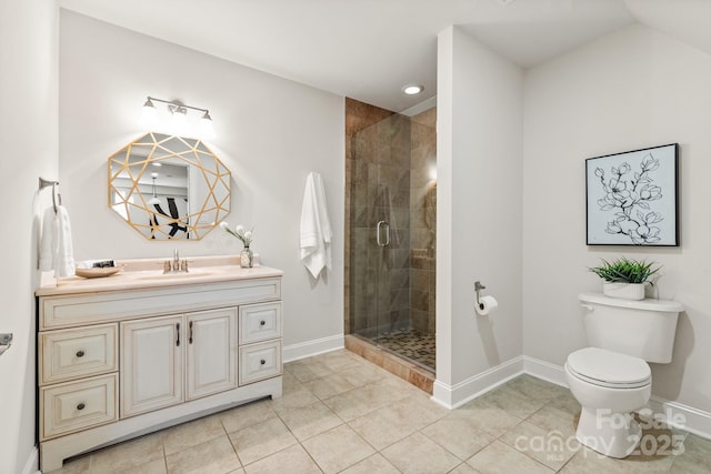 full bath with baseboards, a stall shower, toilet, and tile patterned floors