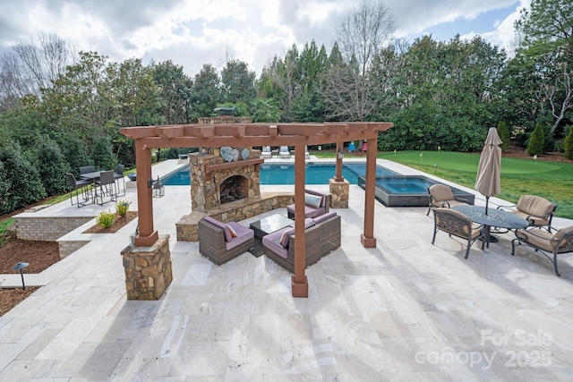 view of patio / terrace featuring an outdoor pool, an outdoor living space with a fireplace, and a pergola