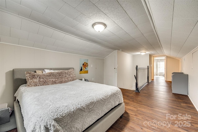 bedroom with lofted ceiling and dark wood-type flooring