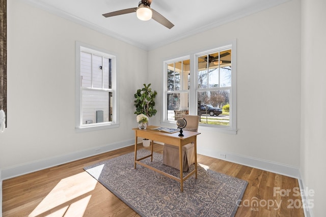 home office featuring ceiling fan, baseboards, wood finished floors, and crown molding